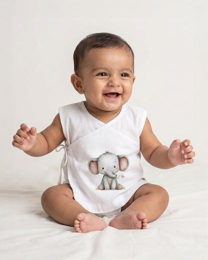 Twingle 100% Organic Cotton Jhabla-Kimono Opening for Easy Dressing-Ellie Elephant-White-For Infants
