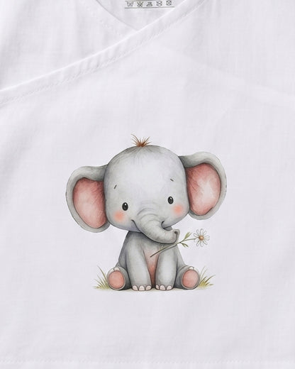 Twingle 100% Organic Cotton Jhabla-Kimono Opening for Easy Dressing-Ellie Elephant-White-For Infants