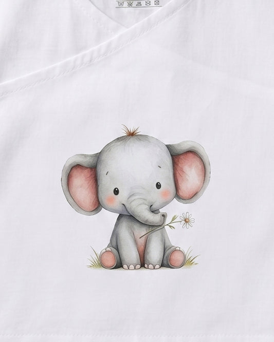 Twingle 100% Organic Cotton Jhabla-Kimono Opening for Easy Dressing-Ellie Elephant-White-For Infants