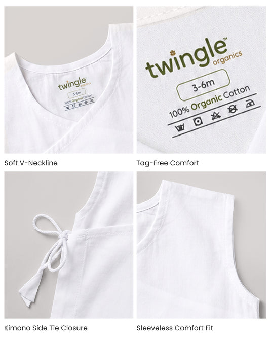 Twingle 100% Organic Cotton Jhabla-Kimono Opening for Easy Dressing-Ellie Elephant-White-For Infants