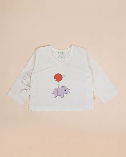 Twingle 100% Organic Cotton Jhabla-Kimono Opening for Easy Dressing-Hippo Hopper-White-For Infants