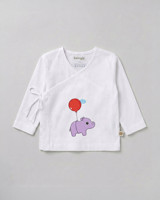 Twingle 100% Organic Cotton Jhabla-Kimono Opening for Easy Dressing-Hippo Hopper-White-For Infants