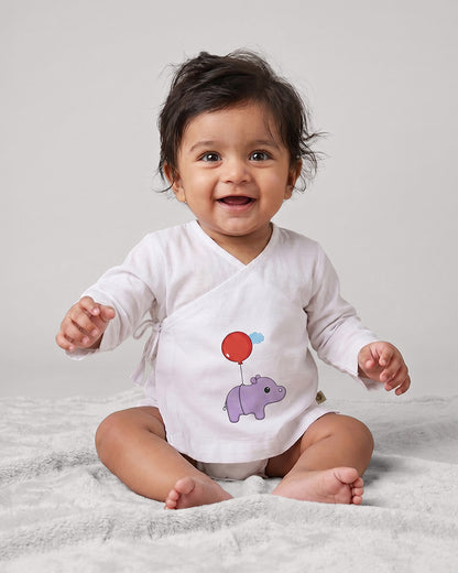 Twingle 100% Organic Cotton Jhabla-Kimono Opening for Easy Dressing-Hippo Hopper-White-For Infants