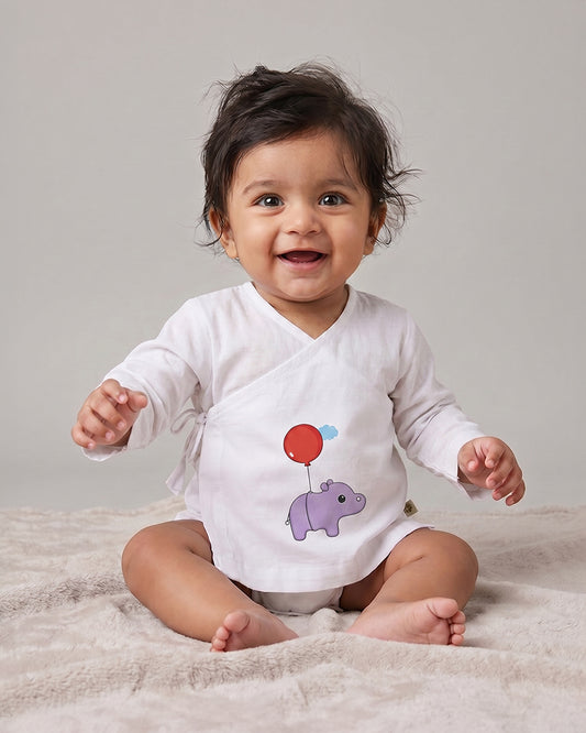 Twingle 100% Organic Cotton Jhabla-Kimono Opening for Easy Dressing-Hippo Hopper-White-For Infants