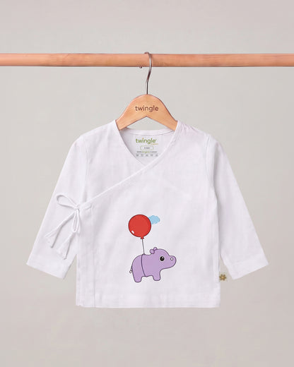 Twingle 100% Organic Cotton Jhabla-Kimono Opening for Easy Dressing-Hippo Hopper-White-For Infants