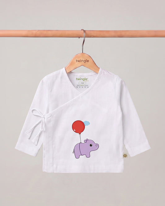 Twingle 100% Organic Cotton Jhabla-Kimono Opening for Easy Dressing-Hippo Hopper-White-For Infants