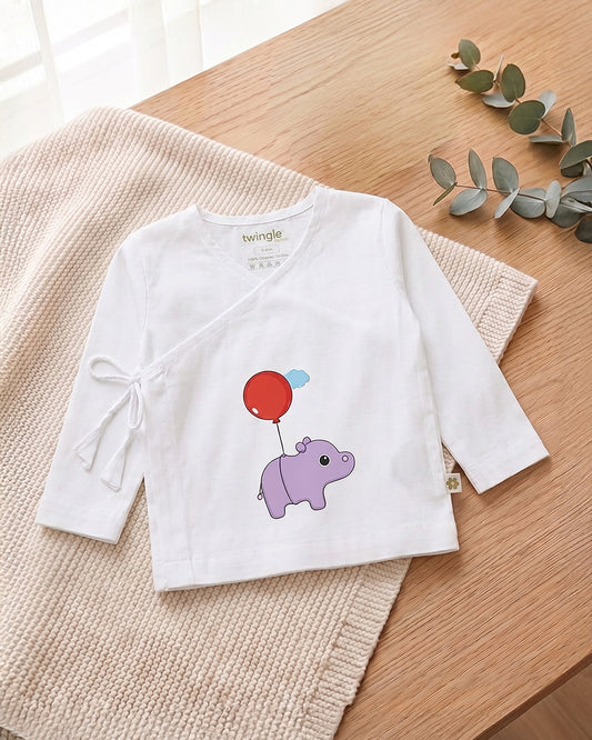 Twingle 100% Organic Cotton Jhabla-Kimono Opening for Easy Dressing-Hippo Hopper-White-For Infants