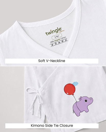 Twingle 100% Organic Cotton Jhabla-Kimono Opening for Easy Dressing-Hippo Hopper-White-For Infants
