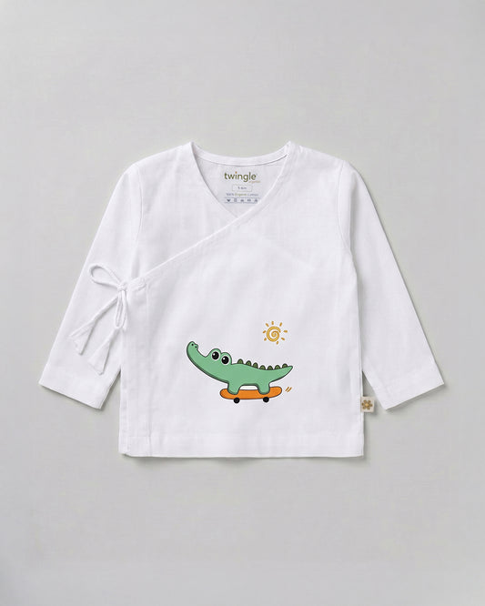Twingle 100% Organic Cotton Jhabla-Kimono Opening for Easy Dressing-Croc On Wheels-White-For Infants