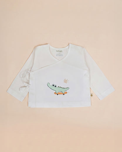 Twingle 100% Organic Cotton Jhabla-Kimono Opening for Easy Dressing-Croc On Wheels-White-For Infants