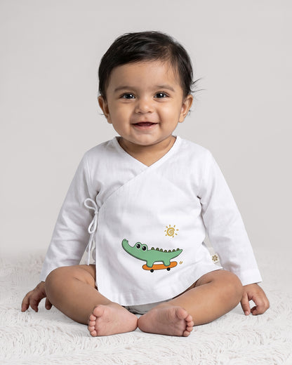 Twingle 100% Organic Cotton Jhabla-Kimono Opening for Easy Dressing-Croc On Wheels-White-For Infants