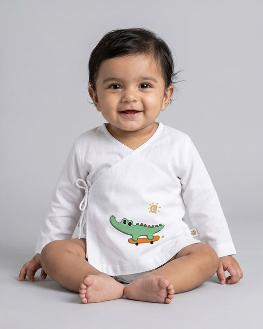 Twingle 100% Organic Cotton Jhabla-Kimono Opening for Easy Dressing-Croc On Wheels-White-For Infants