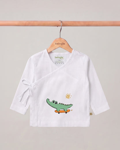 Twingle 100% Organic Cotton Jhabla-Kimono Opening for Easy Dressing-Croc On Wheels-White-For Infants