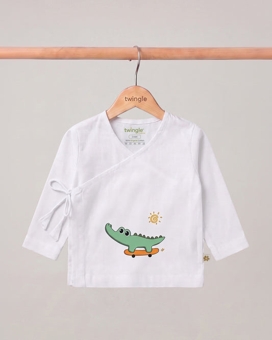 Twingle 100% Organic Cotton Jhabla-Kimono Opening for Easy Dressing-Croc On Wheels-White-For Infants