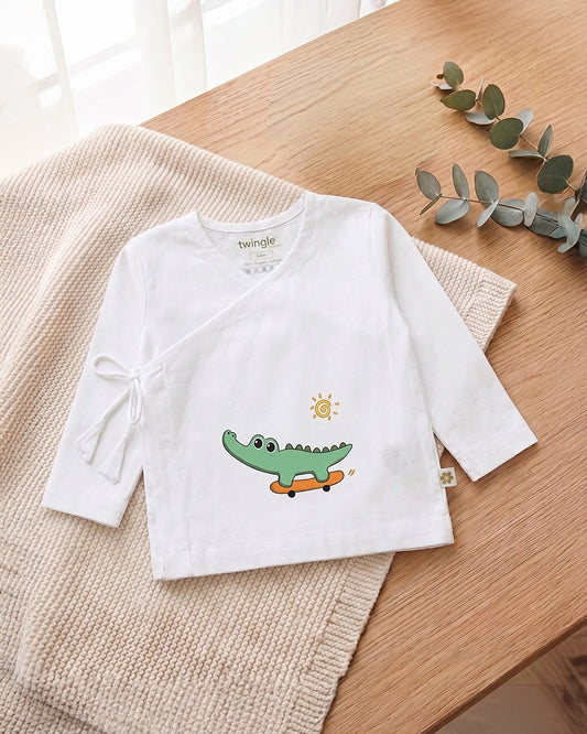 Twingle 100% Organic Cotton Jhabla-Kimono Opening for Easy Dressing-Croc On Wheels-White-For Infants