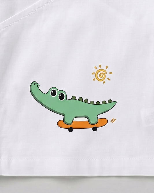 Twingle 100% Organic Cotton Jhabla-Kimono Opening for Easy Dressing-Croc On Wheels-White-For Infants