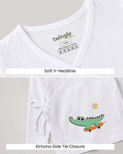 Twingle 100% Organic Cotton Jhabla-Kimono Opening for Easy Dressing-Croc On Wheels-White-For Infants