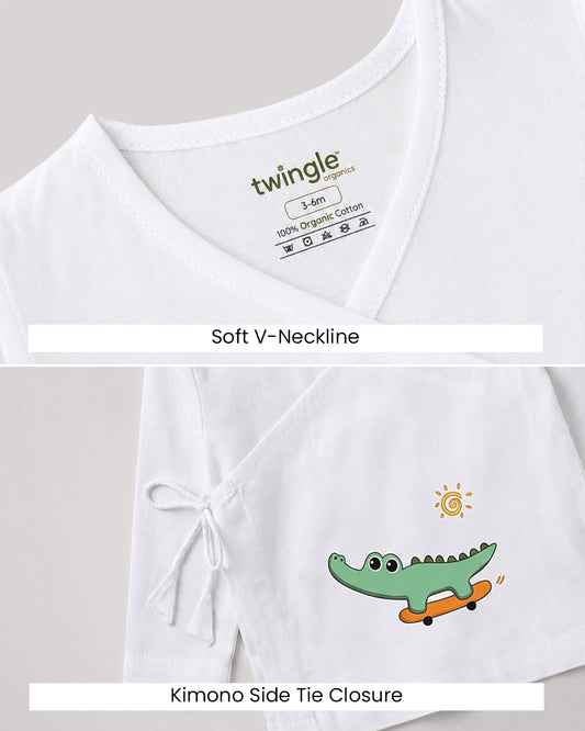 Twingle 100% Organic Cotton Jhabla-Kimono Opening for Easy Dressing-Croc On Wheels-White-For Infants
