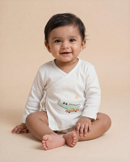 Twingle 100% Organic Cotton Jhabla-Kimono Opening for Easy Dressing-Croc On Wheels-White-For Infants