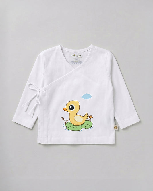 Twingle 100% Organic Cotton Jhabla-Kimono Opening for Easy Dressing-Lily Duck-White-For Infants
