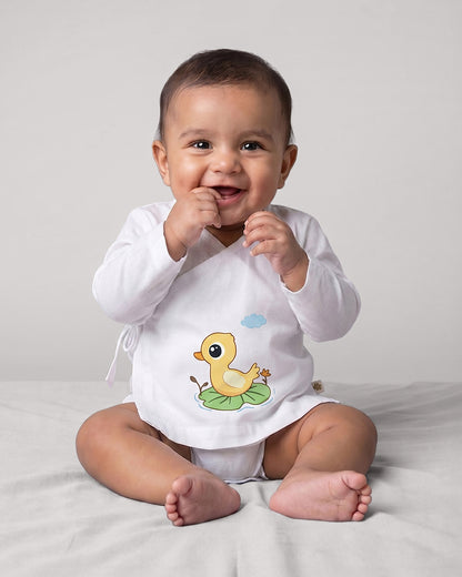 Twingle 100% Organic Cotton Jhabla-Kimono Opening for Easy Dressing-Lily Duck-White-For Infants