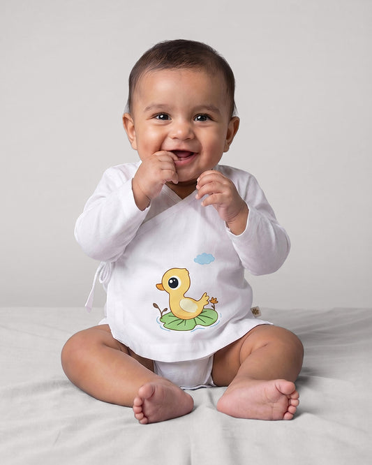 Twingle 100% Organic Cotton Jhabla-Kimono Opening for Easy Dressing-Lily Duck-White-For Infants
