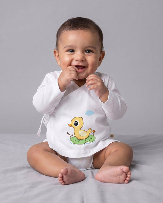 Twingle 100% Organic Cotton Jhabla-Kimono Opening for Easy Dressing-Lily Duck-White-For Infants