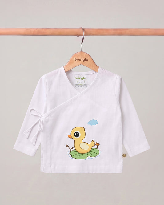 Twingle 100% Organic Cotton Jhabla-Kimono Opening for Easy Dressing-Lily Duck-White-For Infants
