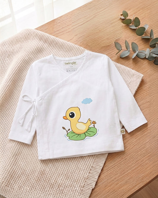 Twingle 100% Organic Cotton Jhabla-Kimono Opening for Easy Dressing-Lily Duck-White-For Infants