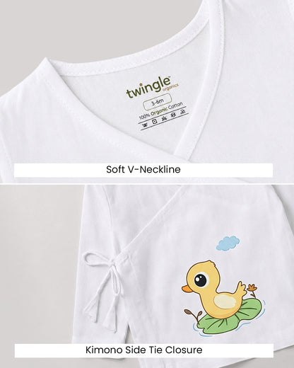Twingle 100% Organic Cotton Jhabla-Kimono Opening for Easy Dressing-Lily Duck-White-For Infants