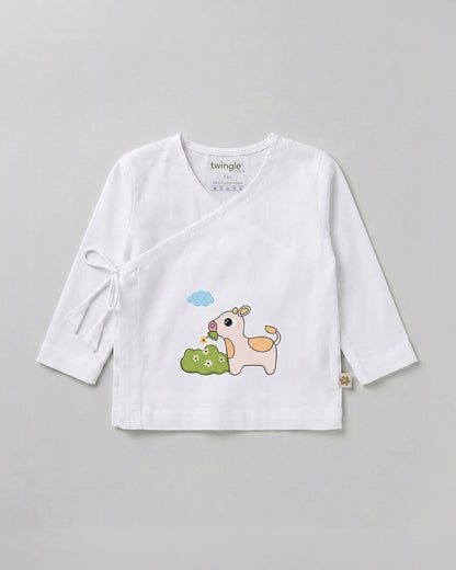 Twingle 100% Organic Cotton Jhabla-Kimono Opening for Easy Dressing-Moo Moo-White-For Infants