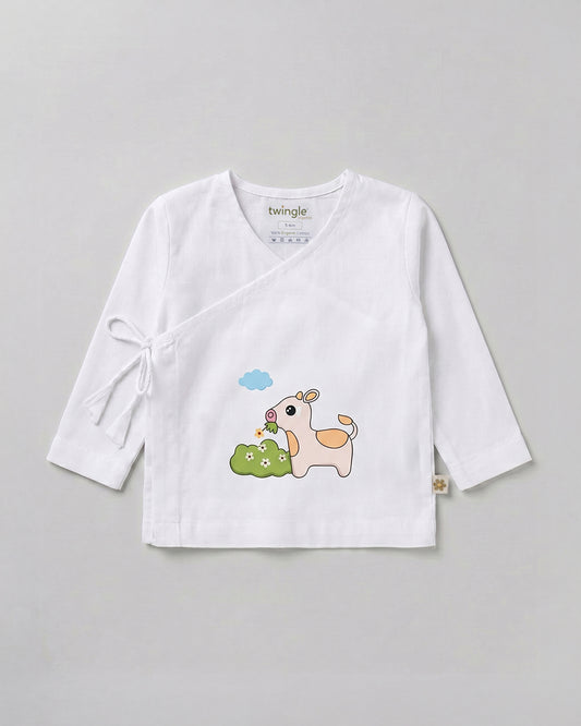 Twingle 100% Organic Cotton Jhabla-Kimono Opening for Easy Dressing-Moo Moo-White-For Infants