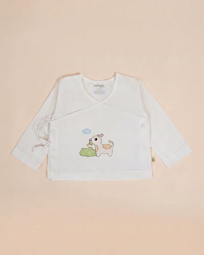 Twingle 100% Organic Cotton Jhabla-Kimono Opening for Easy Dressing-Moo Moo-White-For Infants