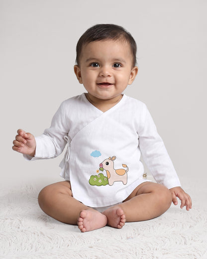 Twingle 100% Organic Cotton Jhabla-Kimono Opening for Easy Dressing-Moo Moo-White-For Infants