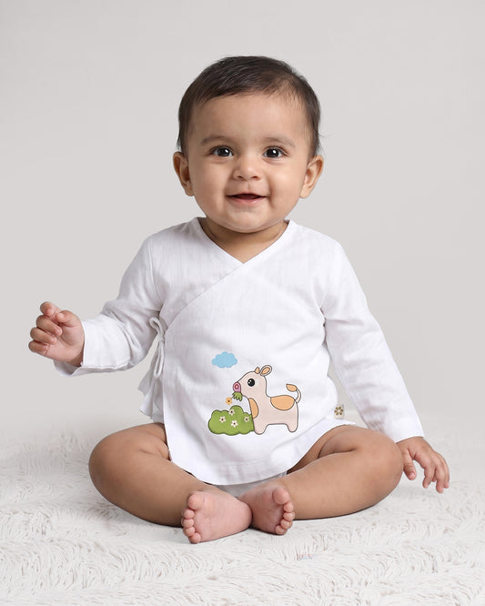 Twingle 100% Organic Cotton Jhabla-Kimono Opening for Easy Dressing-Moo Moo-White-For Infants