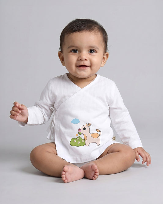 Twingle 100% Organic Cotton Jhabla-Kimono Opening for Easy Dressing-Moo Moo-White-For Infants