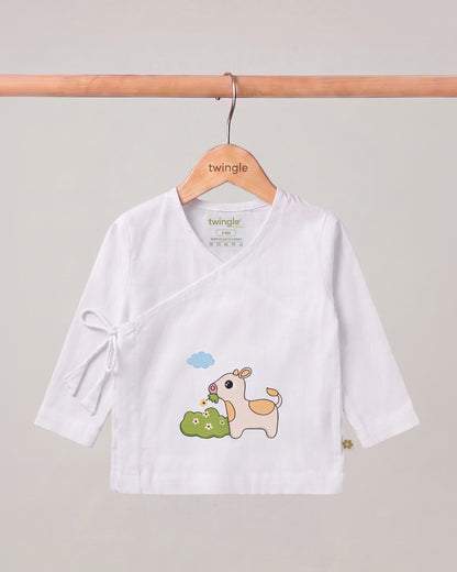 Twingle 100% Organic Cotton Jhabla-Kimono Opening for Easy Dressing-Moo Moo-White-For Infants