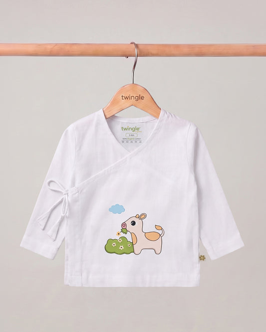 Twingle 100% Organic Cotton Jhabla-Kimono Opening for Easy Dressing-Moo Moo-White-For Infants
