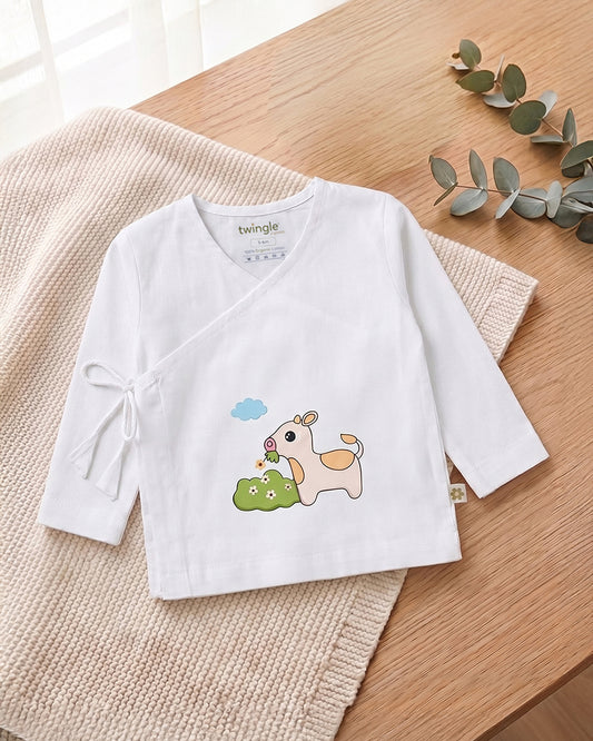 Twingle 100% Organic Cotton Jhabla-Kimono Opening for Easy Dressing-Moo Moo-White-For Infants
