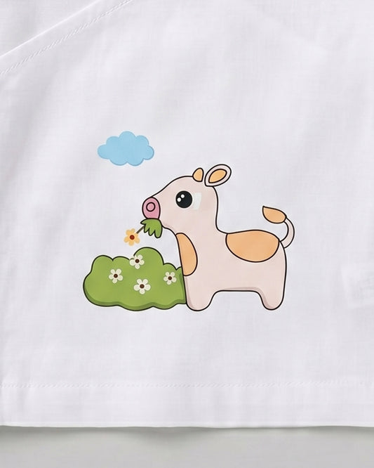 Twingle 100% Organic Cotton Jhabla-Kimono Opening for Easy Dressing-Moo Moo-White-For Infants
