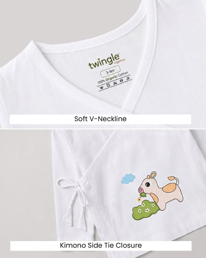 Twingle 100% Organic Cotton Jhabla-Kimono Opening for Easy Dressing-Moo Moo-White-For Infants