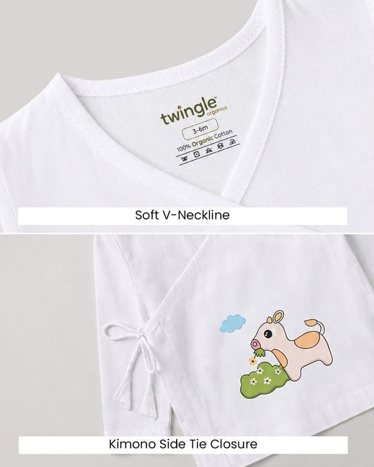 Twingle 100% Organic Cotton Jhabla-Kimono Opening for Easy Dressing-Moo Moo-White-For Infants