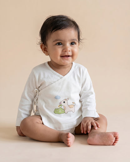 Twingle 100% Organic Cotton Jhabla-Kimono Opening for Easy Dressing-Moo Moo-White-For Infants