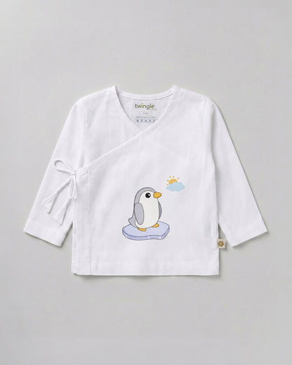Twingle 100% Organic Cotton Jhabla-Kimono Opening for Easy Dressing-Penguin-White-For Infants