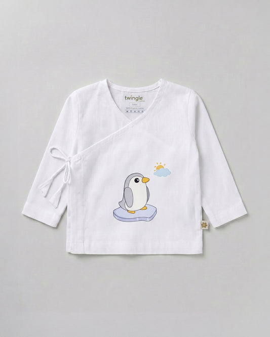 Twingle 100% Organic Cotton Jhabla-Kimono Opening for Easy Dressing-Penguin-White-For Infants