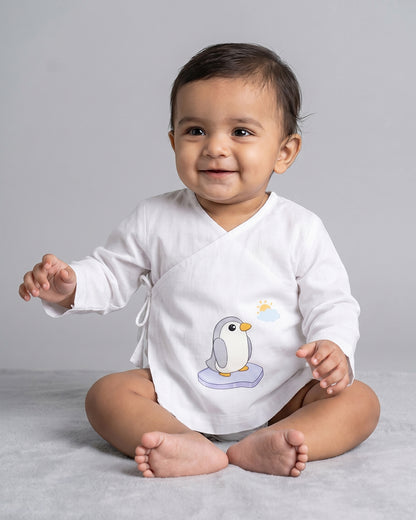 Twingle 100% Organic Cotton Jhabla-Kimono Opening for Easy Dressing-Penguin-White-For Infants