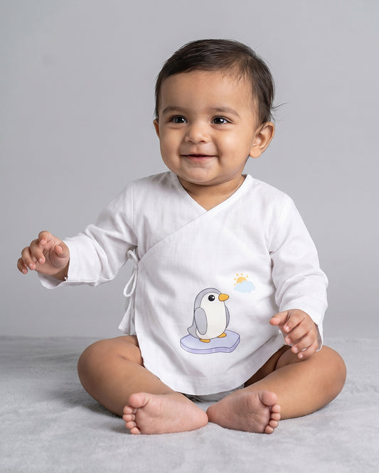 Twingle 100% Organic Cotton Jhabla-Kimono Opening for Easy Dressing-Penguin-White-For Infants
