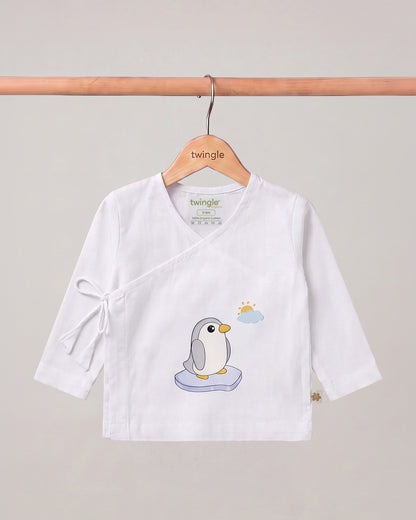 Twingle 100% Organic Cotton Jhabla-Kimono Opening for Easy Dressing-Penguin-White-For Infants