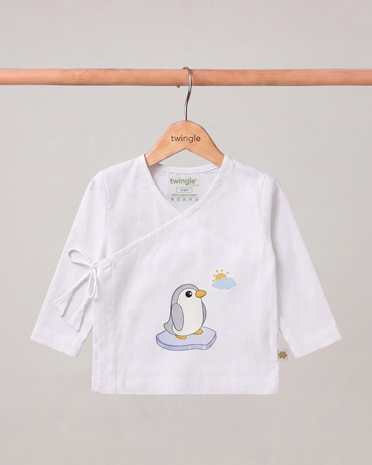 Twingle 100% Organic Cotton Jhabla-Kimono Opening for Easy Dressing-Penguin-White-For Infants