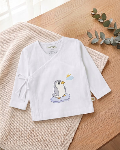 Twingle 100% Organic Cotton Jhabla-Kimono Opening for Easy Dressing-Penguin-White-For Infants